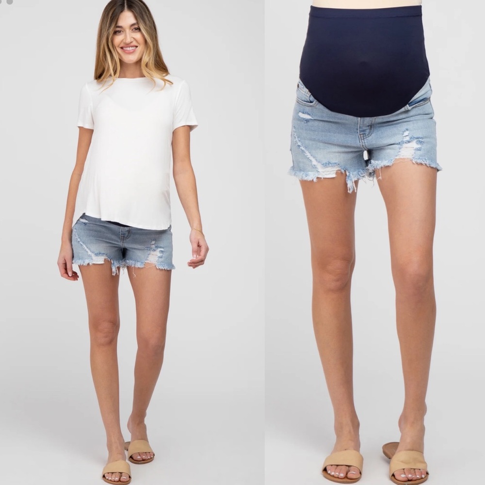 Pinkblush Medium Wash Distressed Raw Hem Full Panel Maternity Shorts